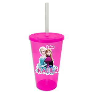 vaso de plastico personalizado con tapa y popote recuerdo fiesta frozen