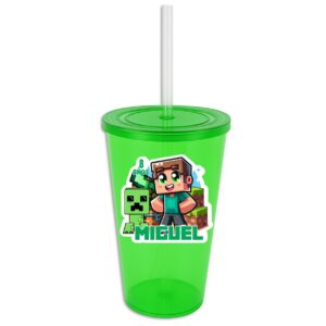 vaso de plastico personalizado con tapa y popote recuerdo minecraft