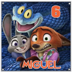 Personajes animados celebrando cumpleañoslona personalizada fiesta decoracion 1x1 zootopia