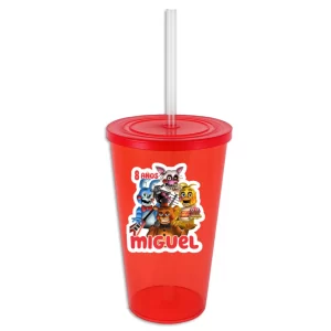 vaso de plastico personalizado con tapa y popote recuerdo fiesta Five Nights at Freddys